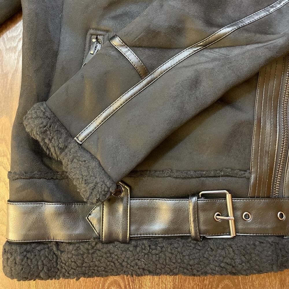 BLACK FAUX FUR SUEDE MOTO JACKET BIKER COAT - Picture 14 of 15